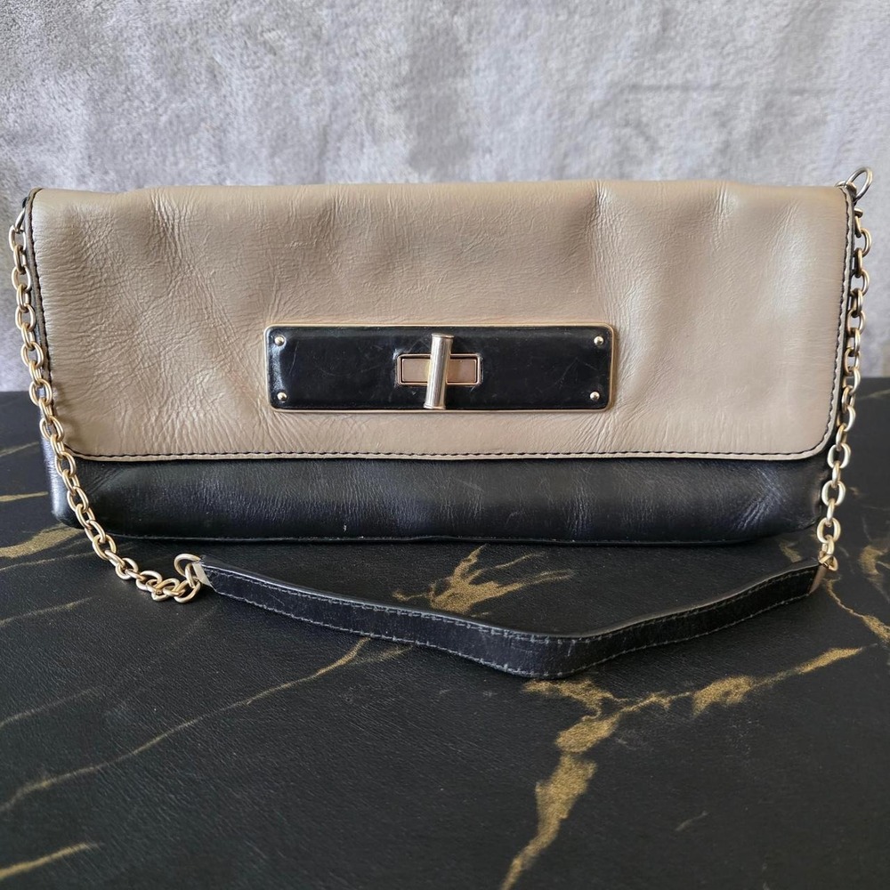 2000s Banana Republic Two-Tone Genuine Leather Turnlock Clutch/Shoulder Bag